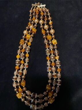 Triple-Strand Amber & Bronze Beaded Necklace